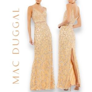 MAC DUGGAL Women’s Embellished Beaded Sleeveless V-Neck Column Gown in Size 4